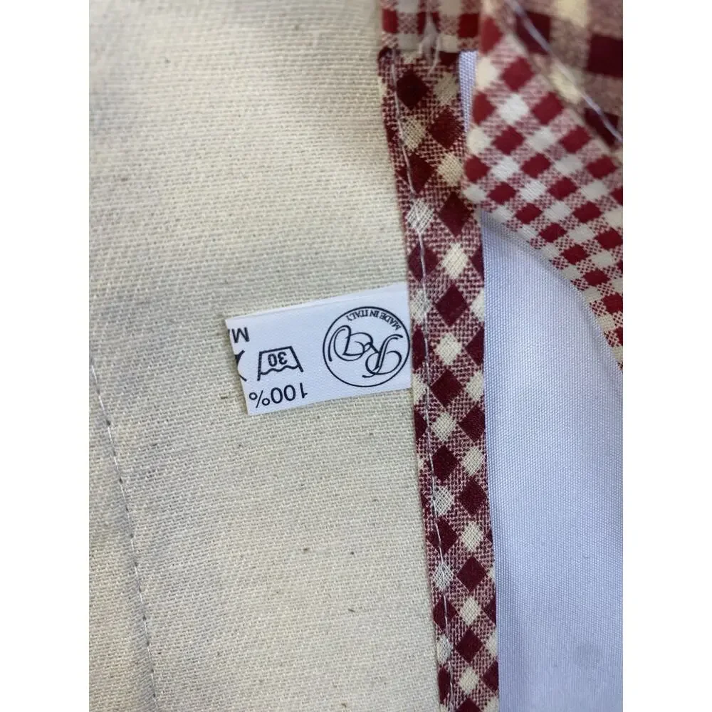 Nonna Embroidered Bib Apron Beige/Maroon Gingham Trim Pocket Cotton One Size